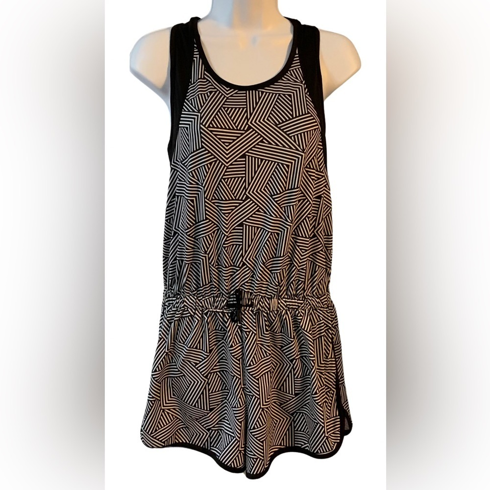 Athletic XL 14-16 black & white striped print romper with tie to cinch waste.